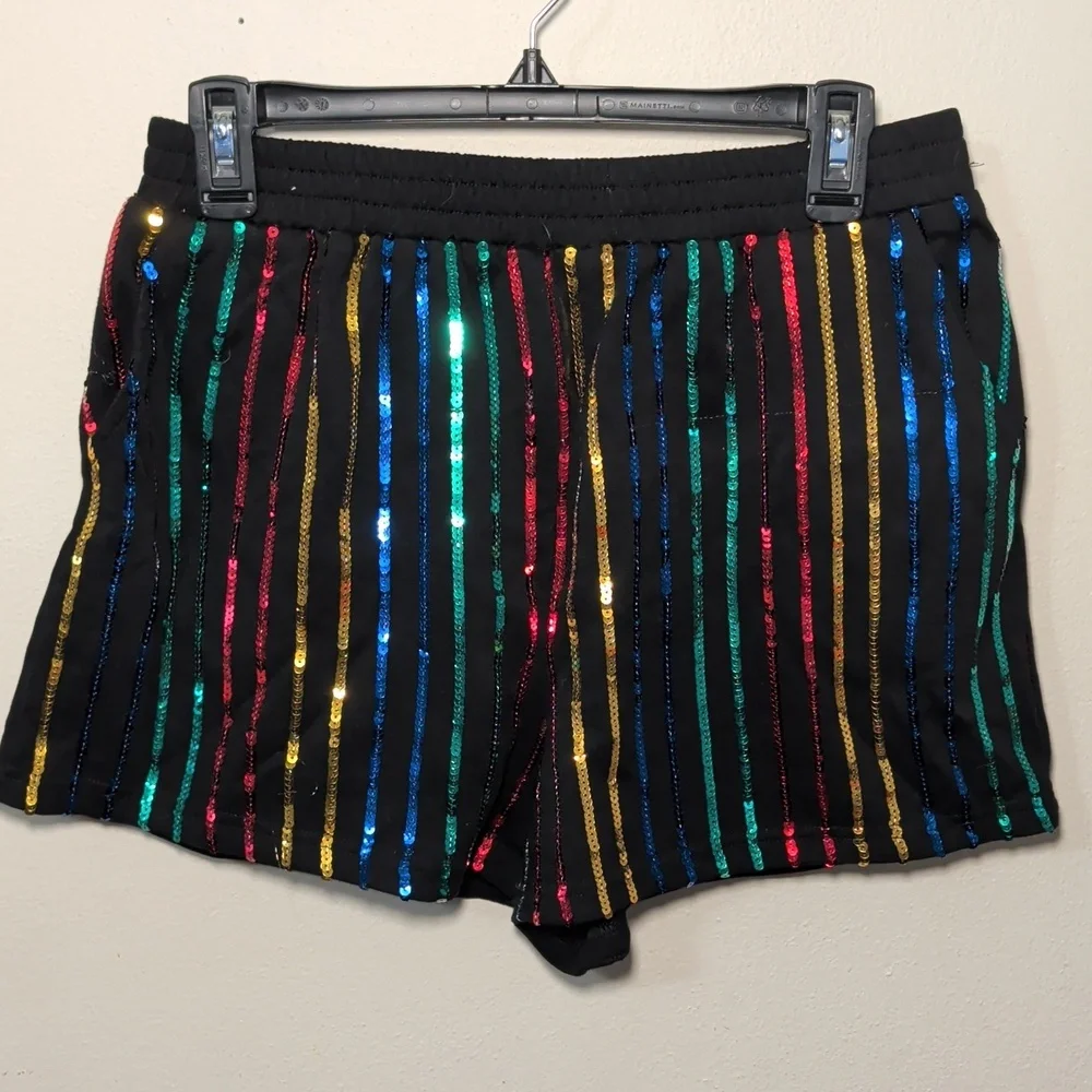 Mainstrip Black Rainbow Sequin Stripe Short Set Cropped Top Women's Size L - Picture 2 of 7